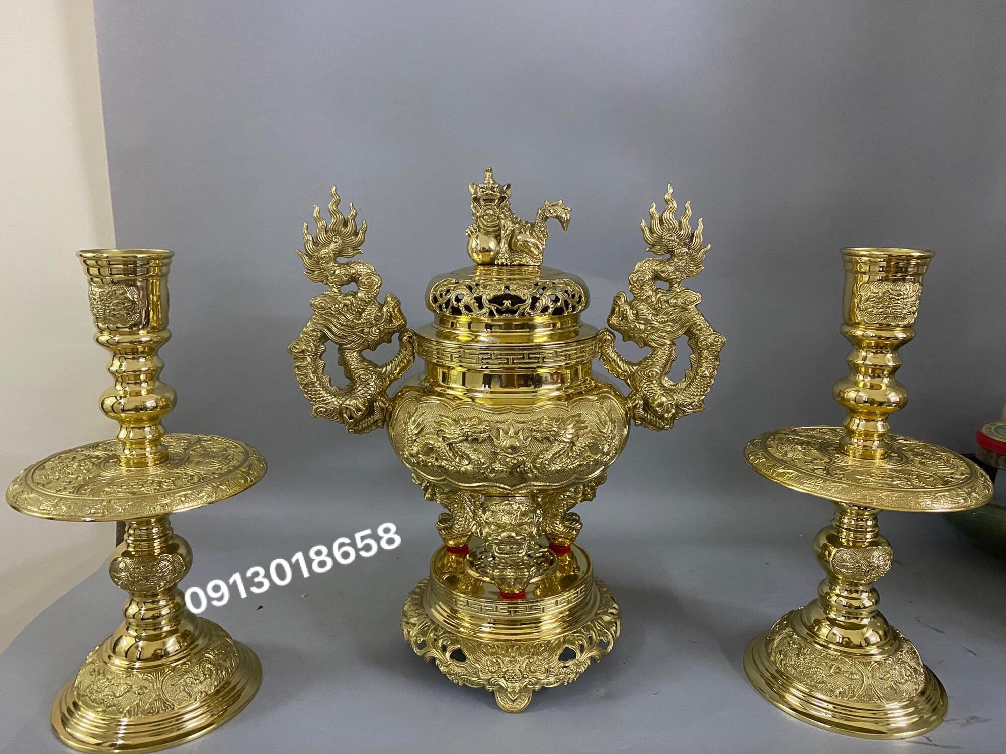 Bộ đỉnh thờ lư hương bằng đồng nguyên chất cao 50cm