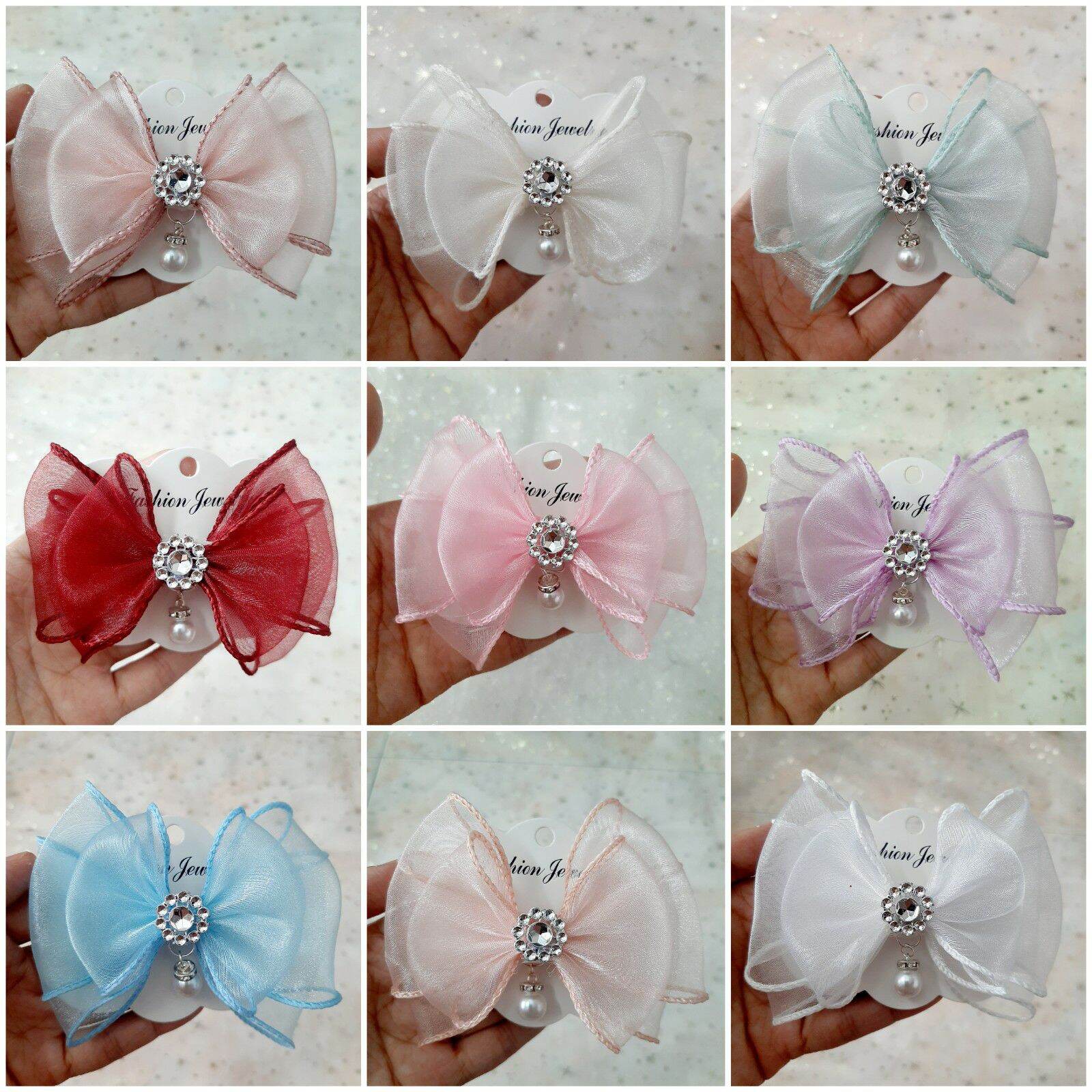 Kẹp tóc nơ voan 3 lớp đính ngọc cho bé