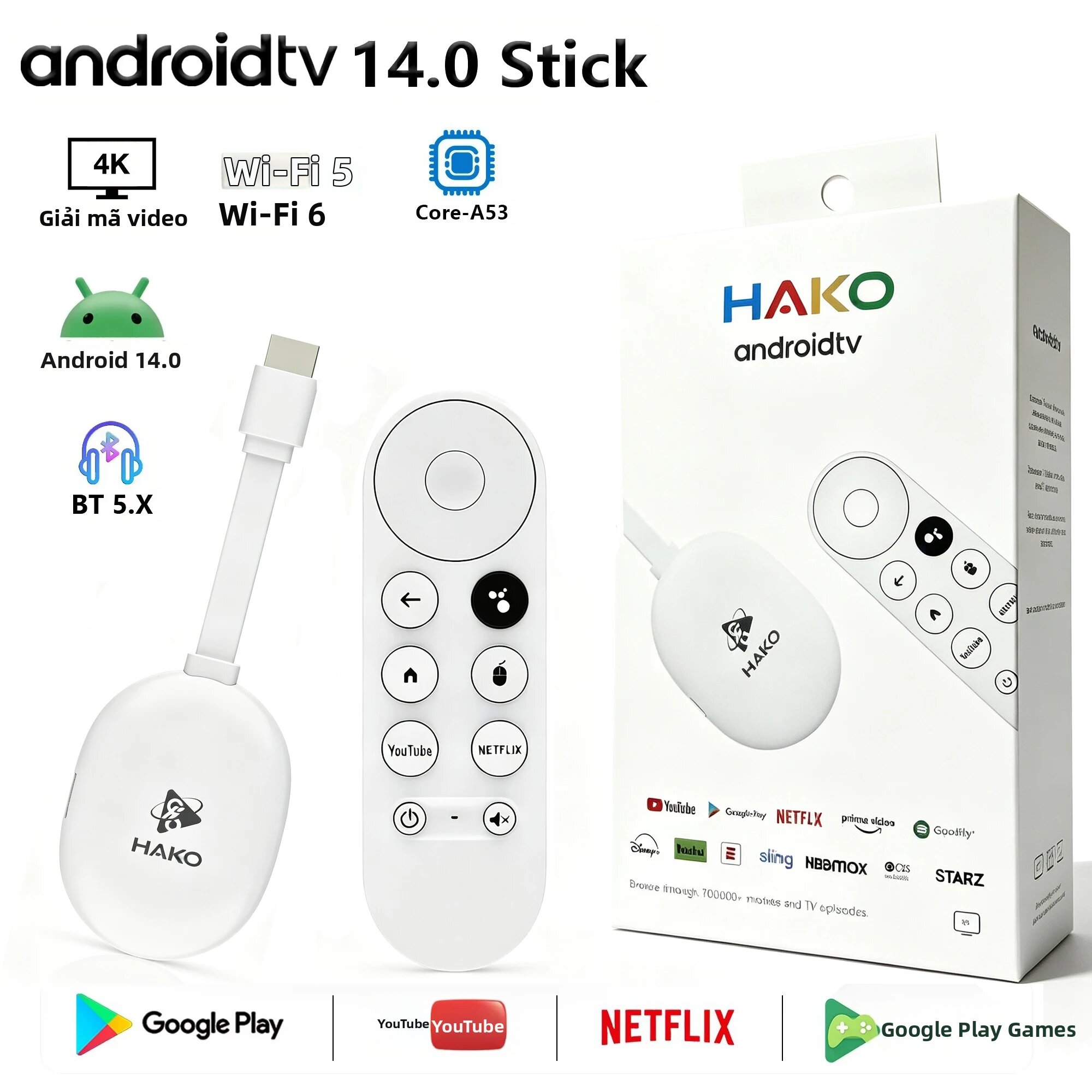 Thiết Bị Phát Đa Phương Tiện Android 14.0 TV Stick 4K 60fps Với BT5.0, Wifi 2.4G&5G, Wifi6, Trợ Lý Giọng Nói Google, Rockchip 3518, HDMI Dongle