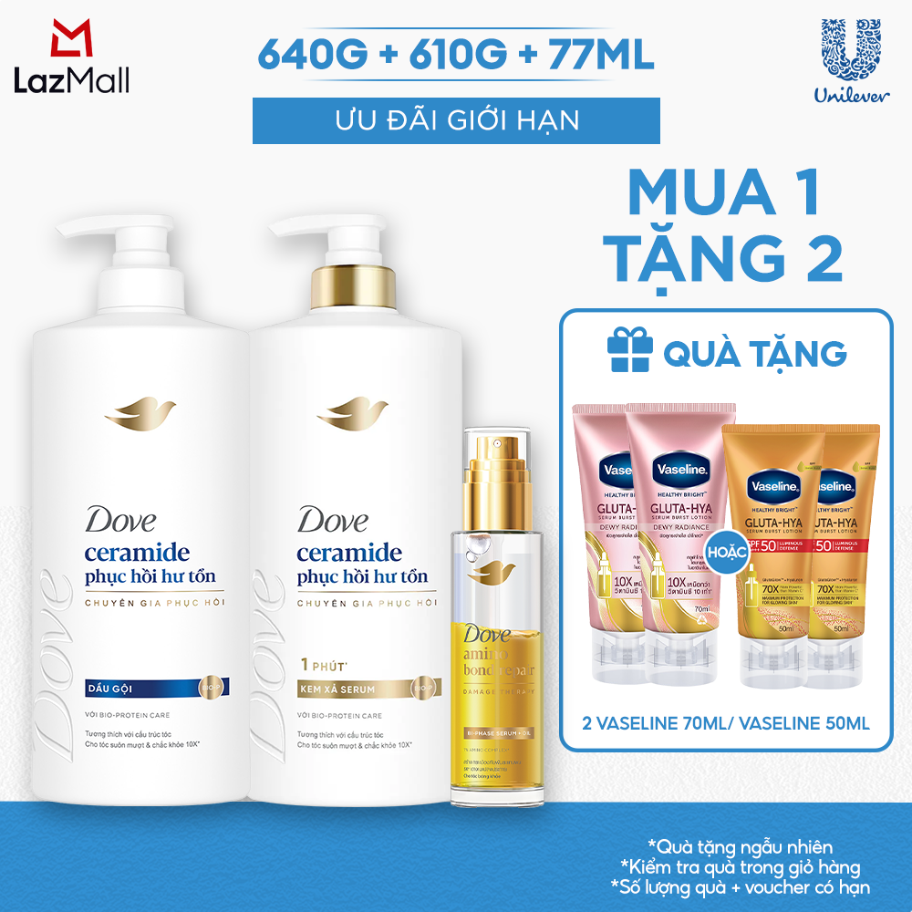 Combo 3 Dầu Gội, Kem Xả Dove Ceramide Phục hồi hư tổn / Biotin Ngăn gãy rụng tóc và Serum dưỡng tóc 2 lớp 640g, 610g, 77ml (bao bì tùy đợt nhập hàng)