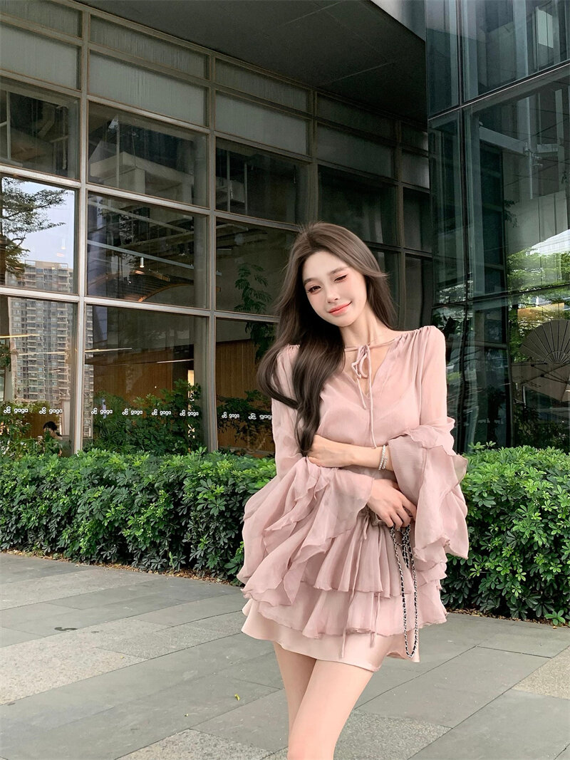 Váy Sơ Mi Dài Tay Màu Hồng Kiểu Pháp Cho Nữ Mùa Hè Váy Ngắn Thiết Kế Bánh Bèo Tay Áo Chữ a Váy Ngắn 
