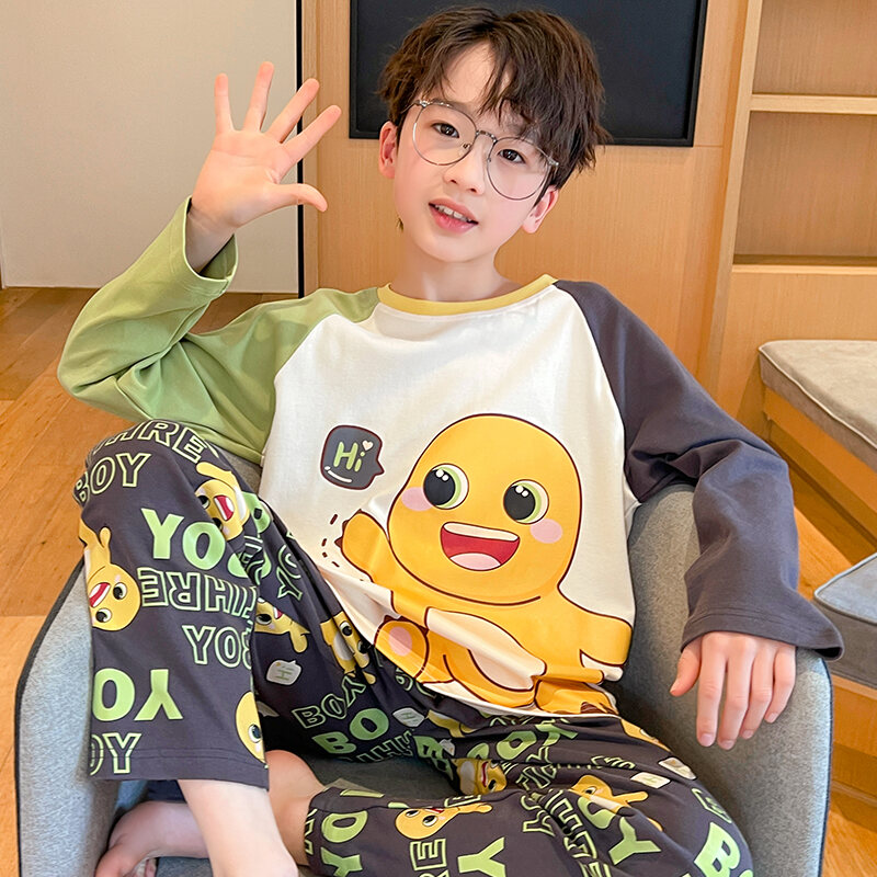 Bộ Đồ Ngủ Cotton Dài Tay Mỏng Cho Bé Trai Mùa Xuân Thu Quần Áo Mặc Nhà Thoải Mái Thoáng Khí Thấm Hút Mồ Hôi in Họa Tiết Hoạt Hình