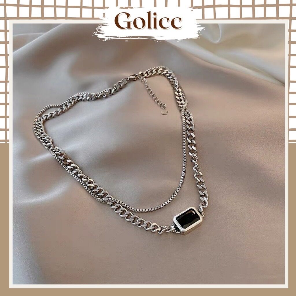 Dây chuyền nữ, chocker titan mặt đá đen 2 lớp sang trọng, cá tính Golicc