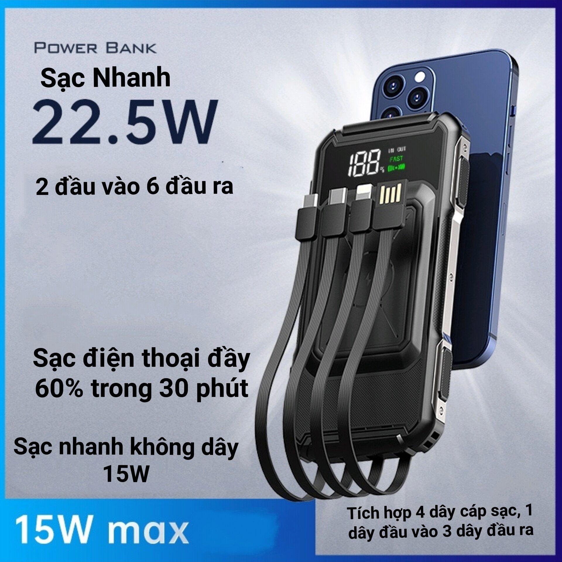 Pin sạc dự phòng không dây 20000 mah sạc nhanh 22,5w sạc nhanh không dây 15w đi kèm 4 dây cáp sạc