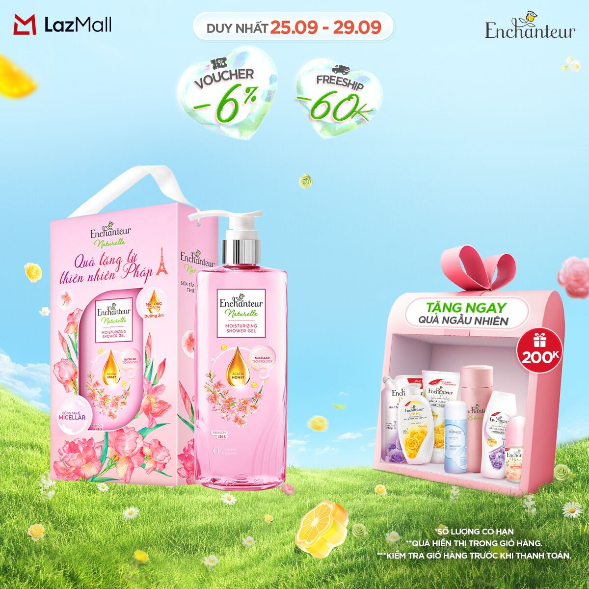 Sữa tắm dưỡng da thiên nhiên Enchanteur Naturelle hương Iris/ Lavender/ Rose 510g (tặng kèm hộp đựng