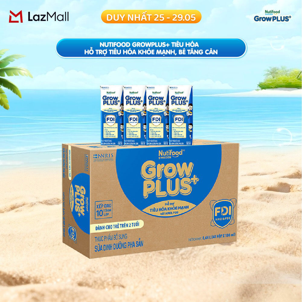 Sữa nước pha sẵn Nutifood Sweden GrowPLUS+ Tiêu Hóa (Xanh Nhạt) 2+ - Hỗ trợ tiêu hóa khỏe mạnh, bé tăng cân (48 hộp x 180ml)
