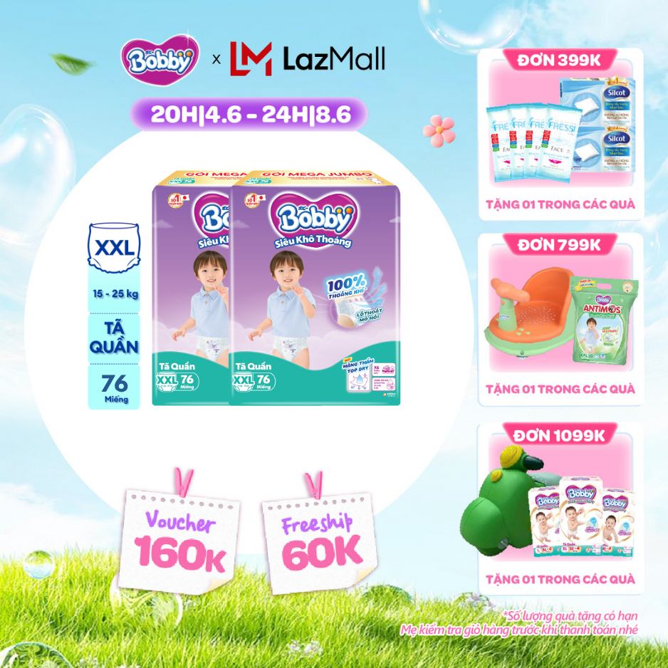 [QUÀ TẶNG HẤP DẪN TỪ 9-10.6] Combo 2 Tã/bỉm quần Bobby 3mm Mega Jumbo Siêu khô thoáng XXL76 [Bao bì thay đổi theo từng đợt nhập hàng]
