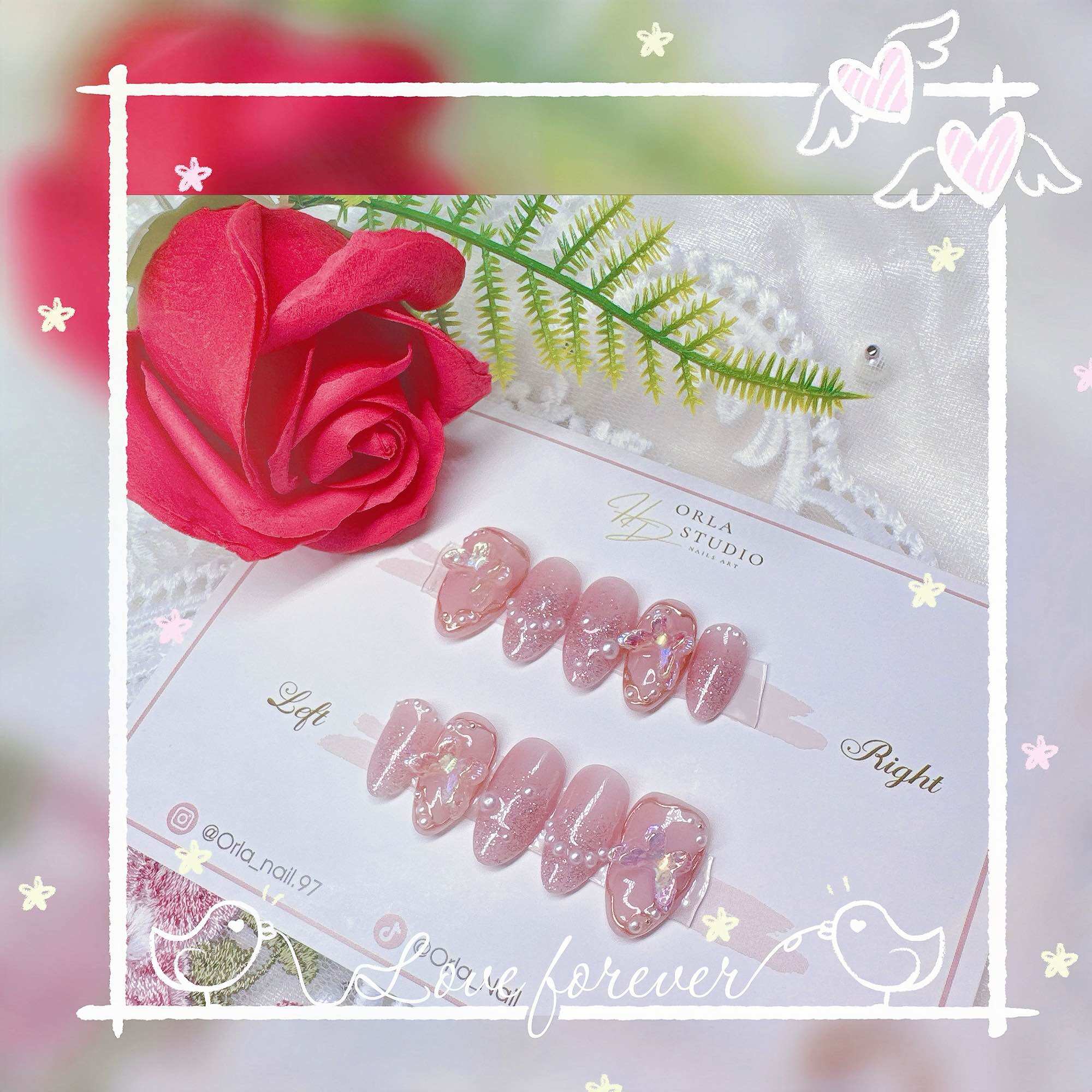 Nailbox thạch hồng-nhũ flash gắn charm bướm H896