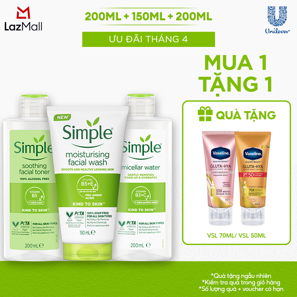 Combo Simple Tẩy trang Micellar 200ml + Sữa rửa mặt 150ml + Nước hoa hồng Toner 200ml cho da ẩm mịn đàn hồi [CHÍNH HÃNG ĐỘC QUYỀN]