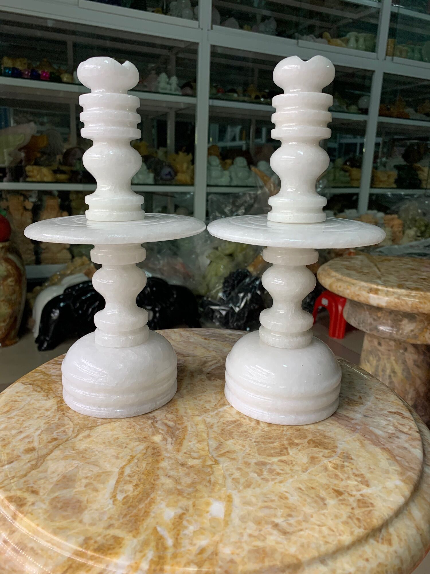 Cặp chân đèn thờ đá cẩm thạch trắng - cao 20cm