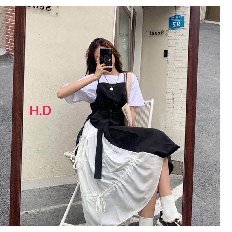 Sét yếm buộc dây eo phối váy trắng