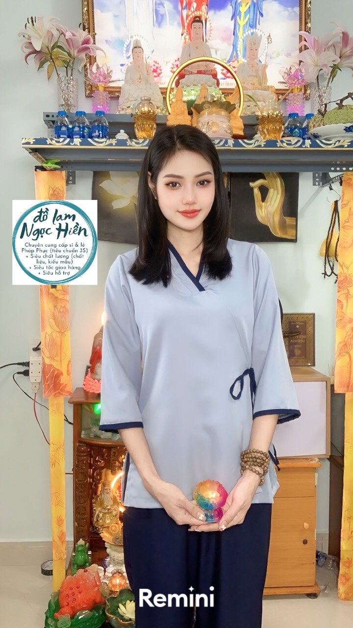 Pháp Phục, Đồ Lam Đi Chùa Nữ Mẫu Chéo Hàn Thắt Nơ Eo