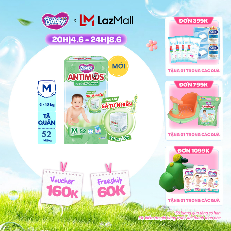 [QUÀ TẶNG HẤP DẪN TỪ 9-10.6][MỚI] Tã Quần Xua Muỗi Bobby Antimos – Hàng rào Sả tự nhiên Bye Muỗi 8H - Size M 52 miếng