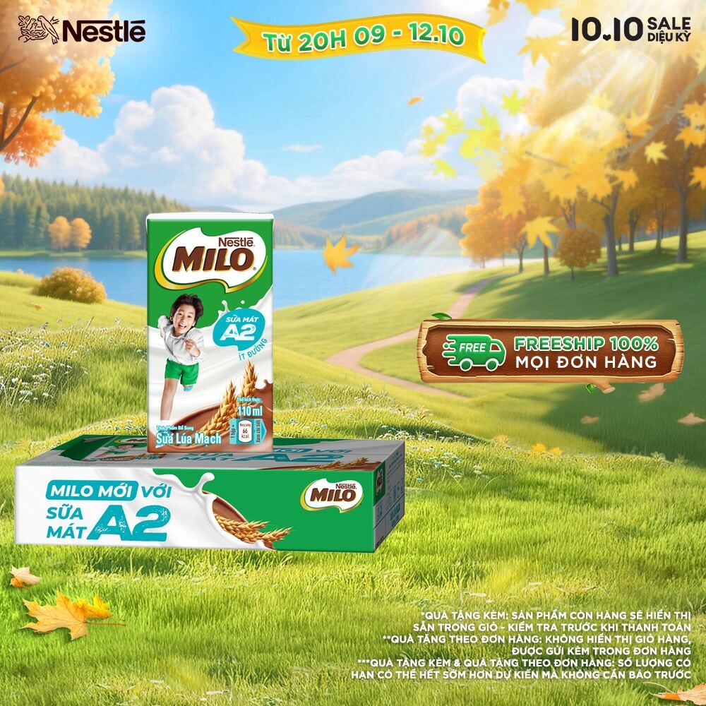 [ƯU ĐÃI THÁNG 10] [FREESHIP TOÀN QUỐC] Thùng Sữa Lúa Mạch Nestle MILO A2 MỚI 48 hộp (4x110ml)