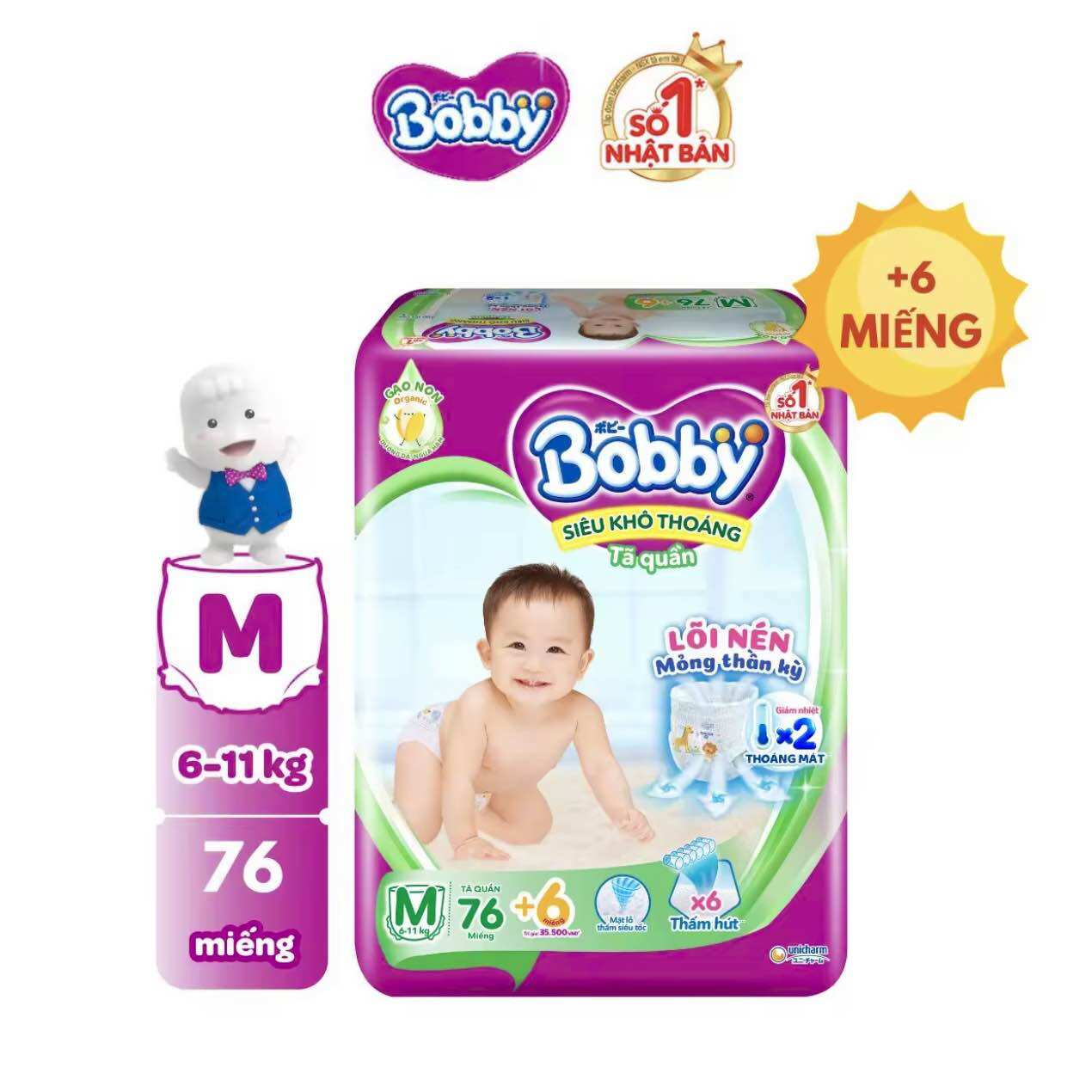 [TẶNG THÊM 6 MIẾNG] Tã/bỉm quần Bobby Ultra Jumbo size M76/L68/XL62/XXL56