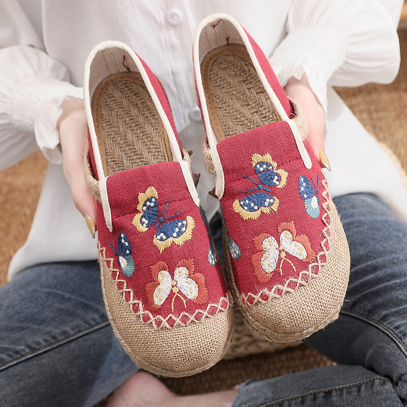 Giày Vải Bắc Kinh Cổ Giày Vải Bố Thêu Hoa Lanh Thoáng Khí Cho Nữ Giày Thường Ngày Ngư Dân Lười Dễ Phối Cổ Điển Đế Mềm Chống Trượt
