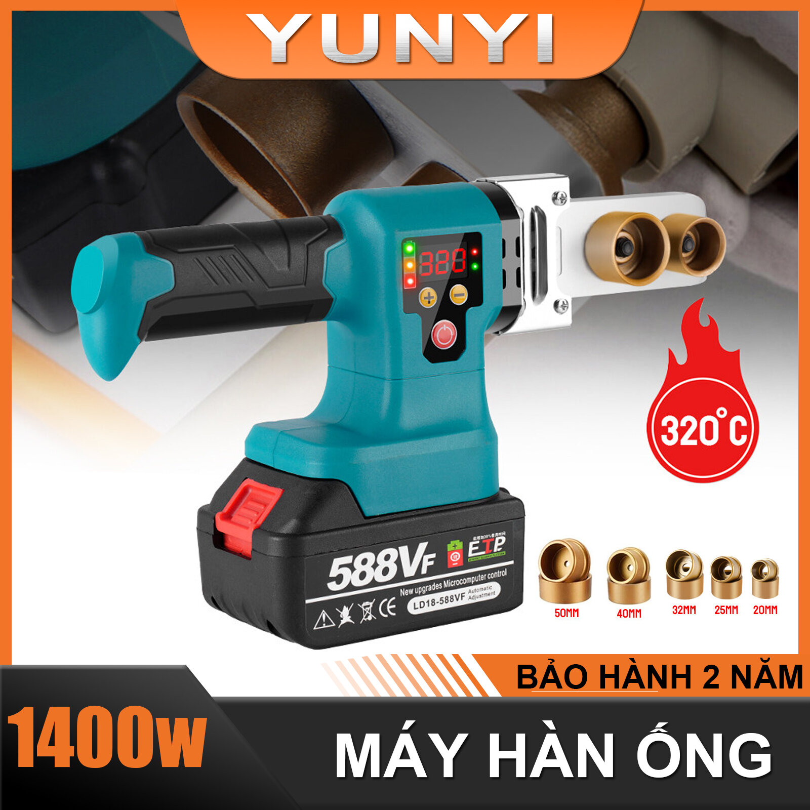 1400w máy hàn ống ppr dùng pin, máy hàn nhiệt ống nước ppr/pb/pe, máy hàn ống dùng 20/25/32/40/50mm, nhiệt độ tối đa 320 ℃, dùng cho 21v pin makita