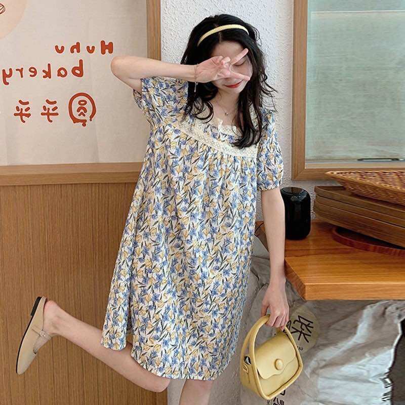 Đầm Lụa Hoạ Tiết Dáng Suông Phối Ren Cực Xinh
