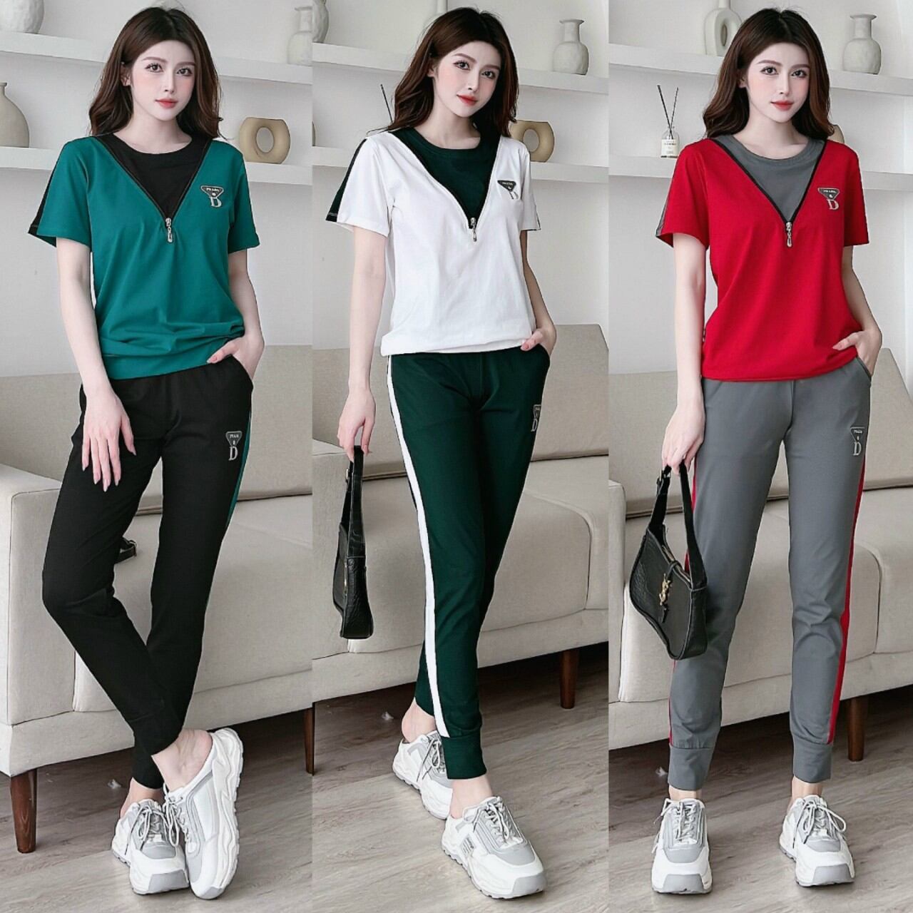 Set bộ đồ dài thể thao thun cotton phối khóa kéo logo thêu