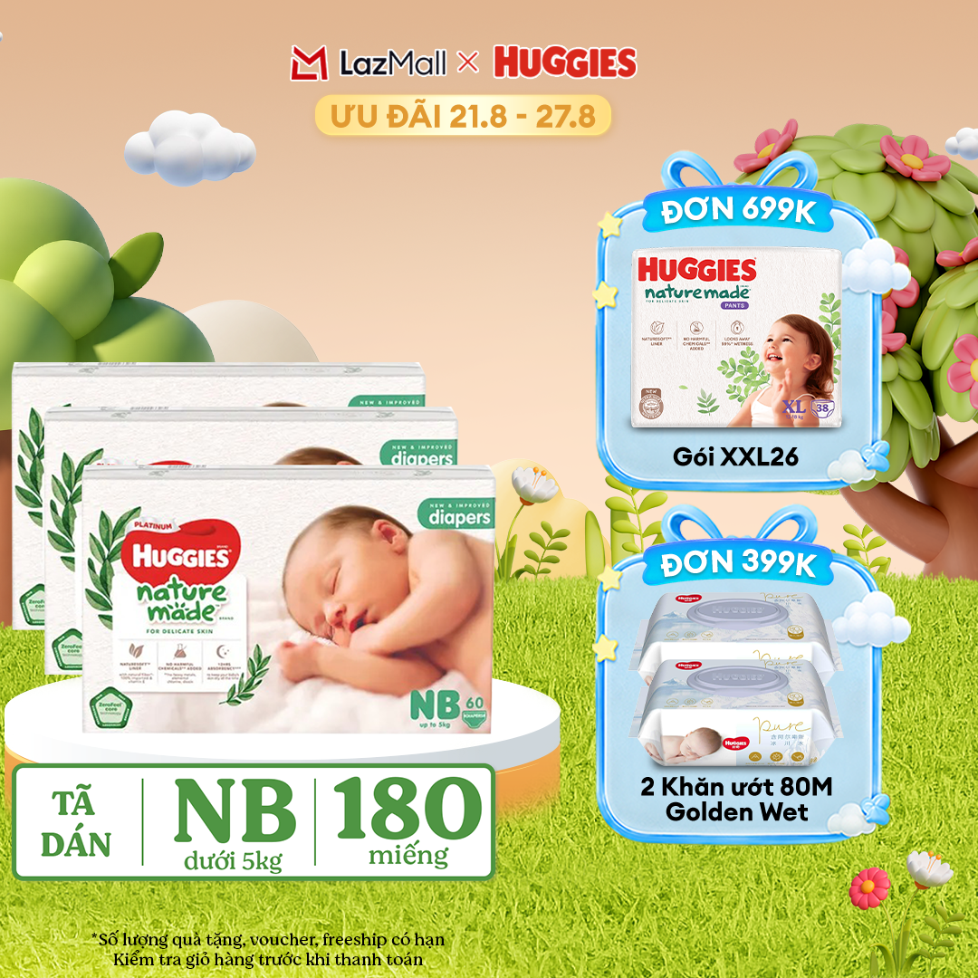[17-24.08 QUÀ TẶNG ĐƠN 399K] Combo 3 Tã/Bỉm dán sơ sinh Huggies Platinum NatureMade NB60 (dưới 5kg)-Gói Jumbo 60 miếng