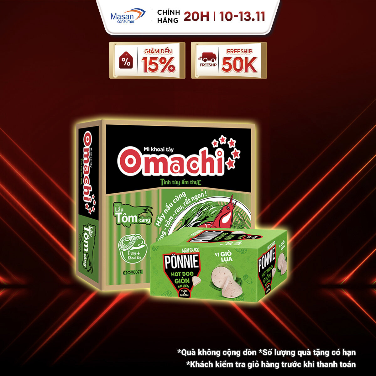 Combo 1 Thùng Mì Omachi Lẩu Tôm Càng Gói 80g và 1 Hộp Ponnie Hot Dog Giòn Ăn Liền Hộp x 20 Cây x 28G