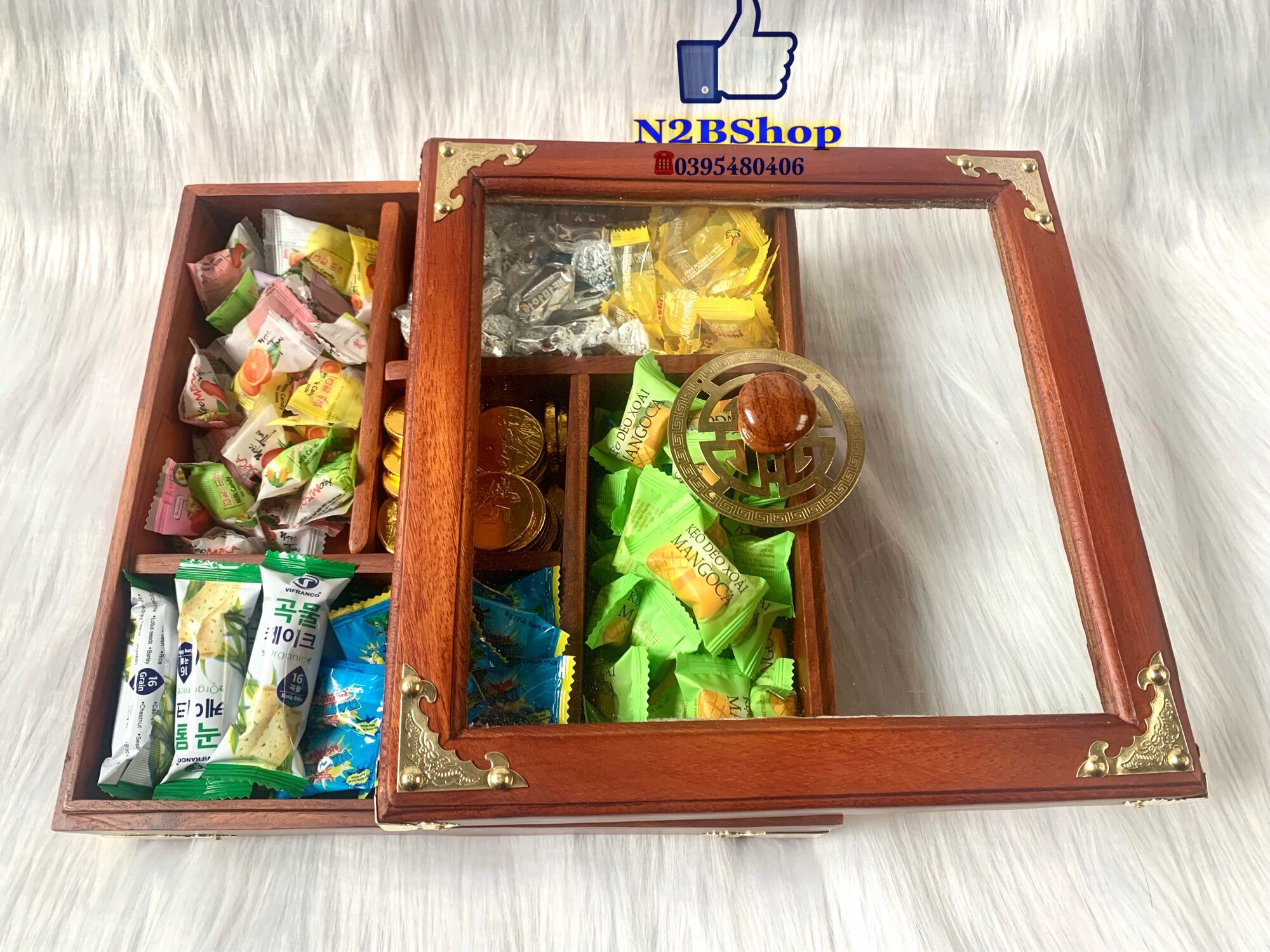 Hộp đựng Bánh Kẹo mứt tết , bằng gỗ hương mặt kính