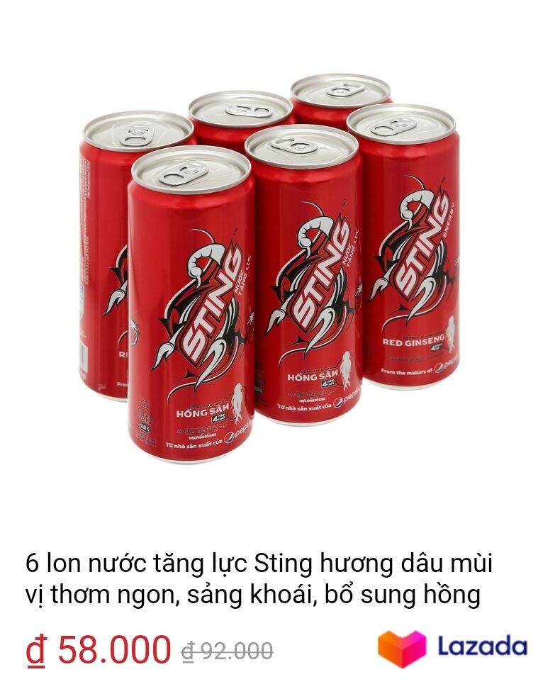 BÁO GIÁ Nước Sting Đỏ | Shopee Lazada Sendo Tiki mới nhất 74 1 Lốc 6 lon nước tăng lực sting đỏ 6x 330ml