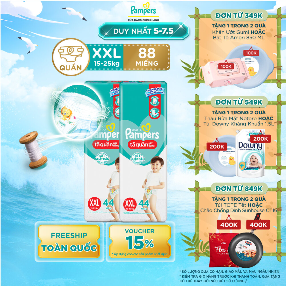 Combo 2 Tã/ Bỉm Quần PAMPERS Giữ Dáng Gói Đại, Size XXL (44 miếng, 15-25kg), Chống Xệ