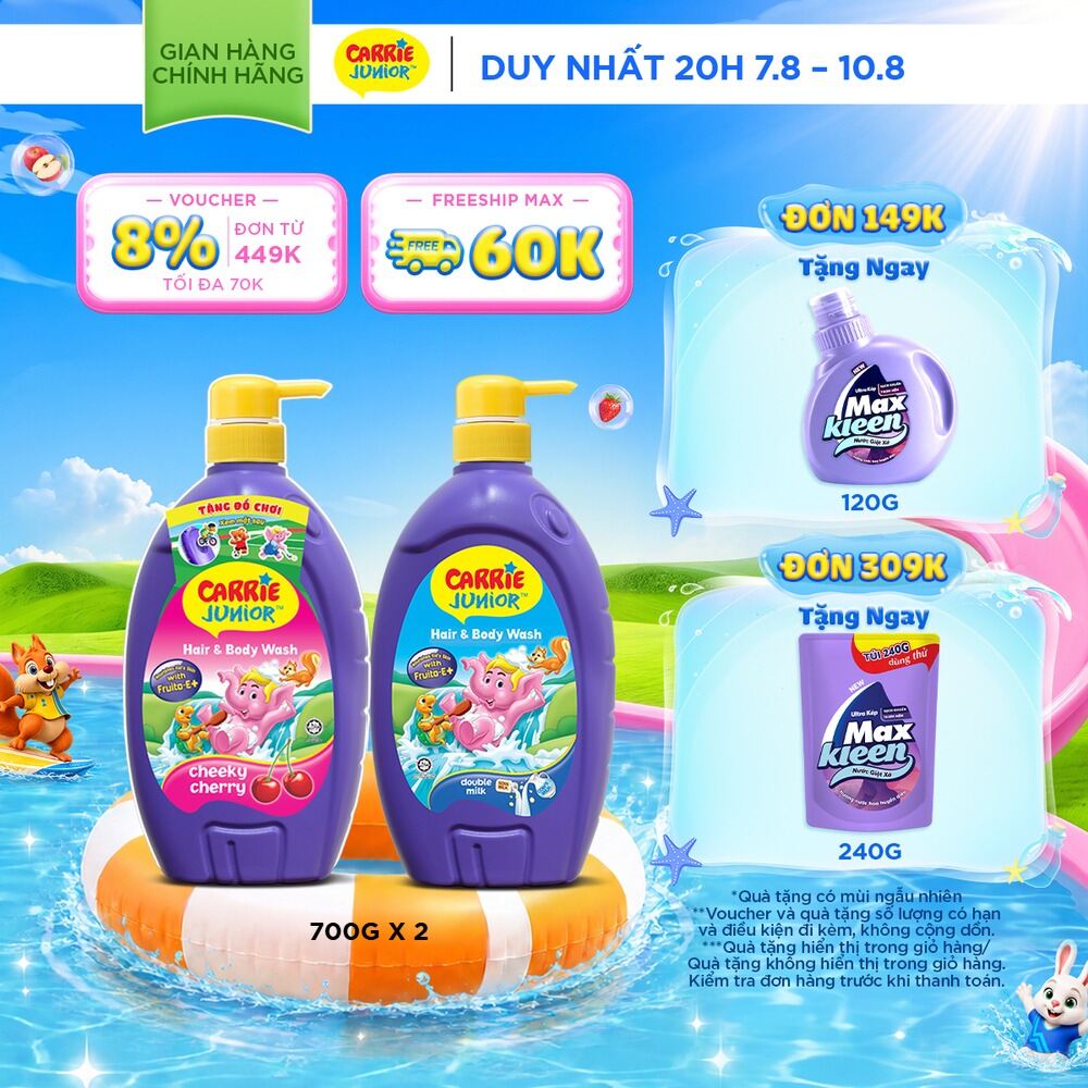 Combo 2 chai Sữa Tắm Gội cho bé Carrie Junior 700g/chai: 1 Hương Cherry + 1 Tinh Chất Sữa