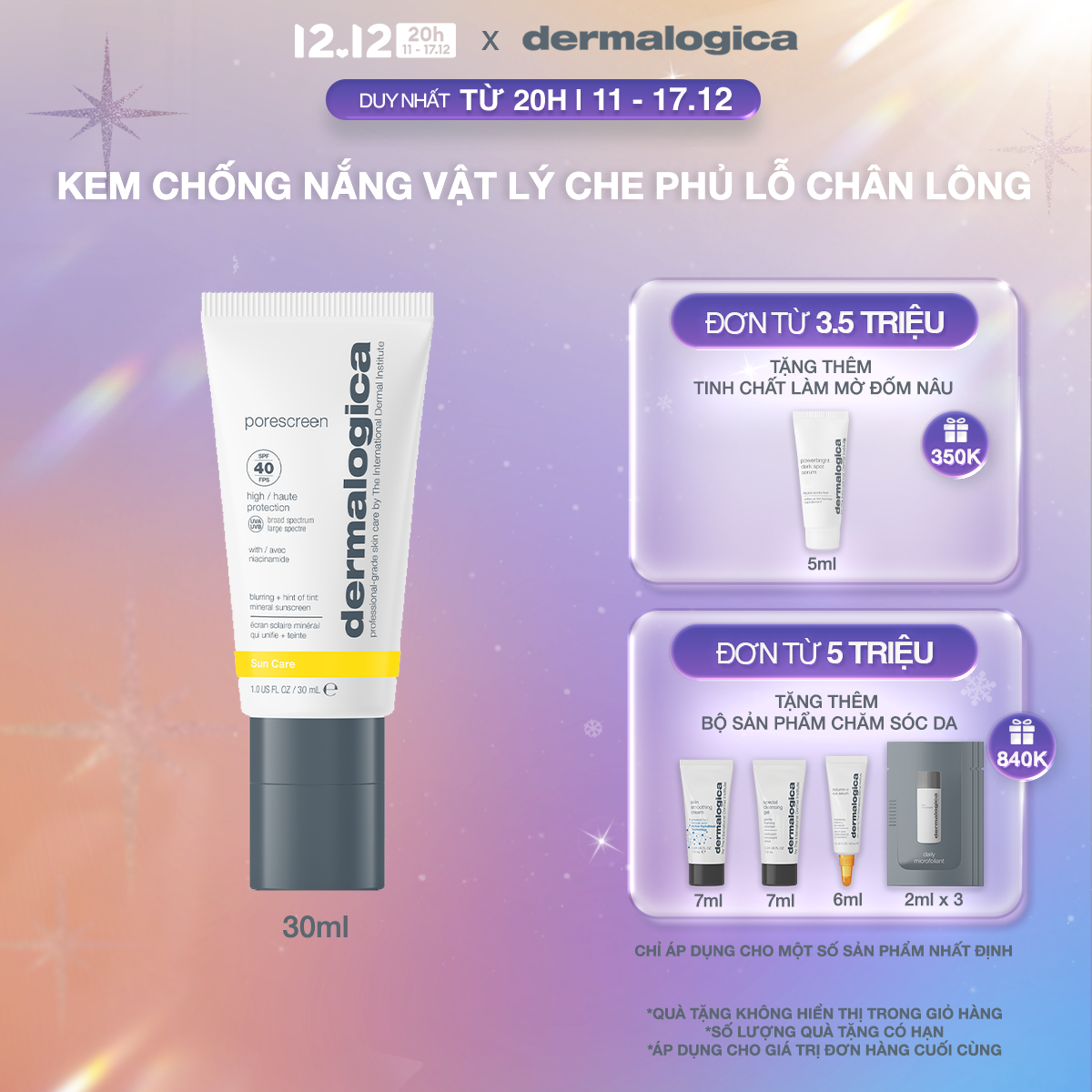 Chống nắng vật lý che phủ lỗ chân lông Porescreen Mineral Sunscreen Spf40 30ml