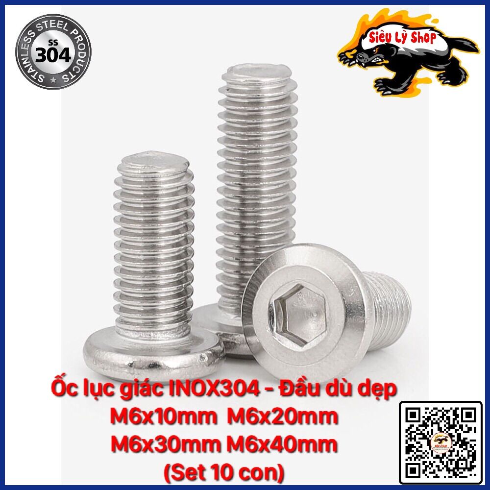 Set 10 ốc lục giác inox 304 m6 - đầu dù dẹp