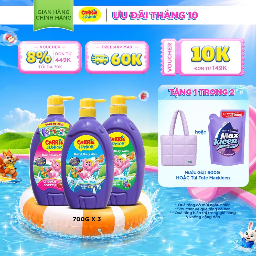 Combo 3 Sữa Tắm Gội cho bé Carrie Junior chiết xuất trái cây thiên nhiên (700g x 3): 1 Hương Grapeberry + 1 Hương Cherry + 1 Tinh Chất Sữa