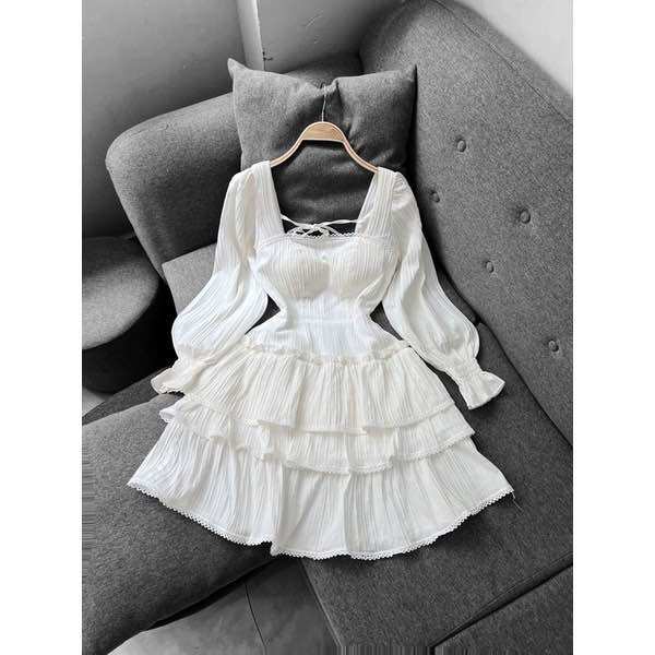 Đầm Xoè Phối Viền Bèo Tiểu Thư Cổ U( Chất Đũi Mềm)