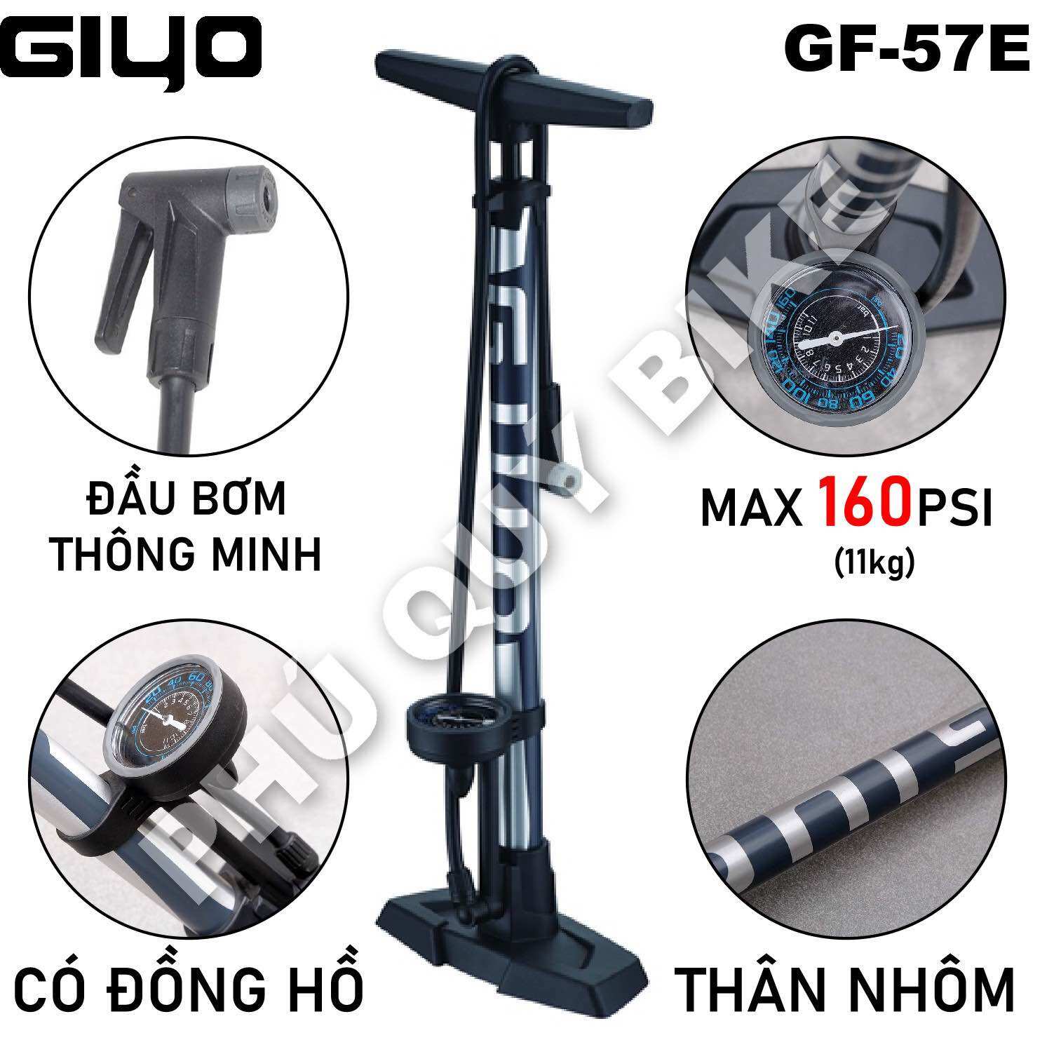 Bơm xe đạp/xe máy 160psi giyo gf-57e thân nhôm van thông minh