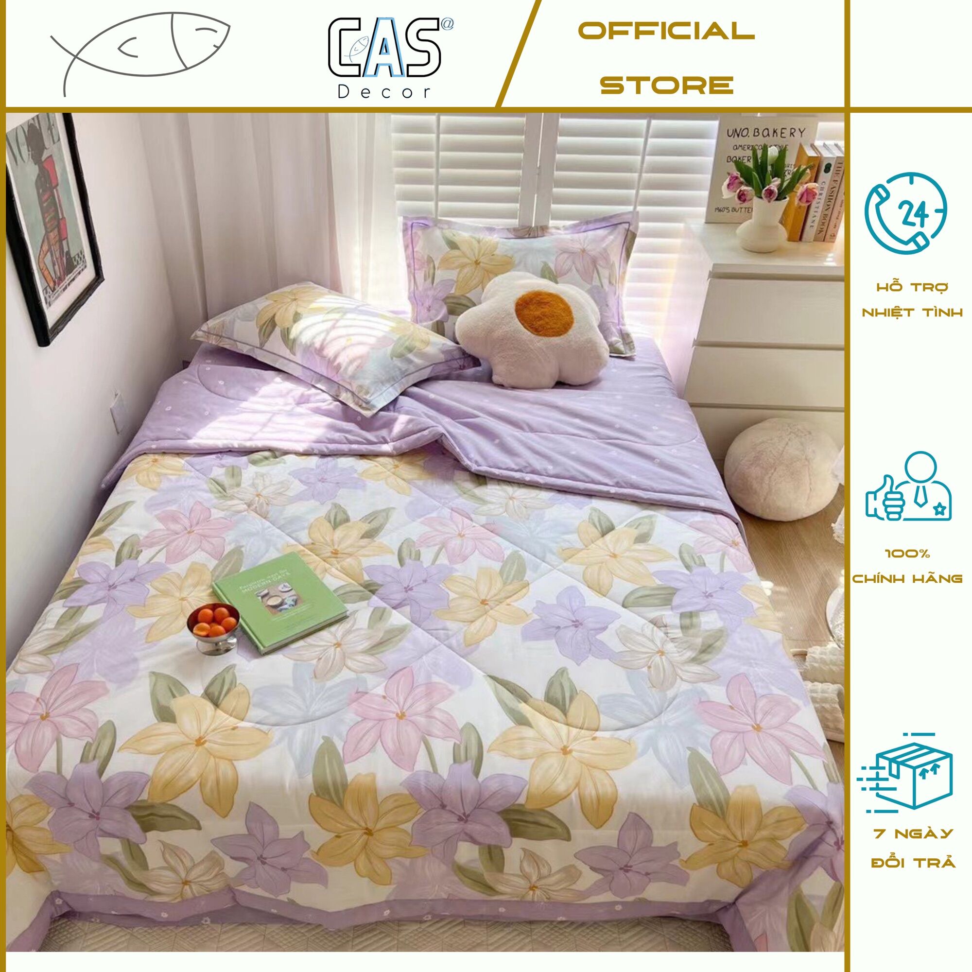 Bộ chăn ga gối cotton 100% 4 món cas decor hoa tím chăn chần bông 3m siêu mát