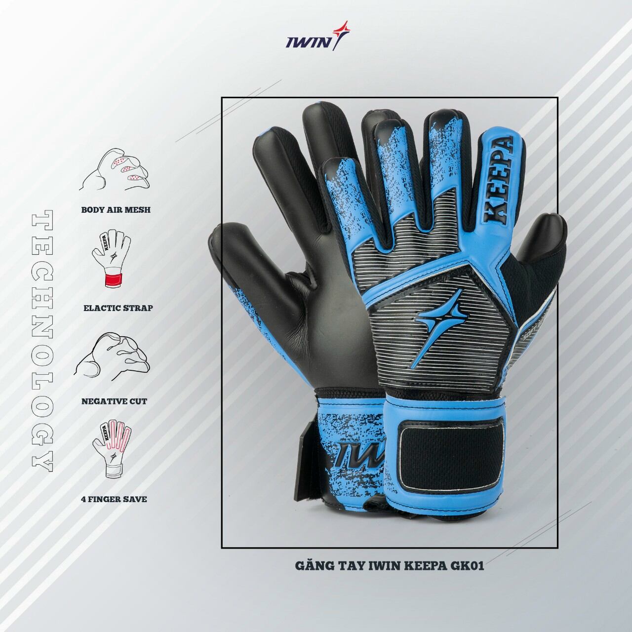 Găng tay thủ môn có xương cao cấp Iwin Keepa GK 01 Xanh dương-Freeship