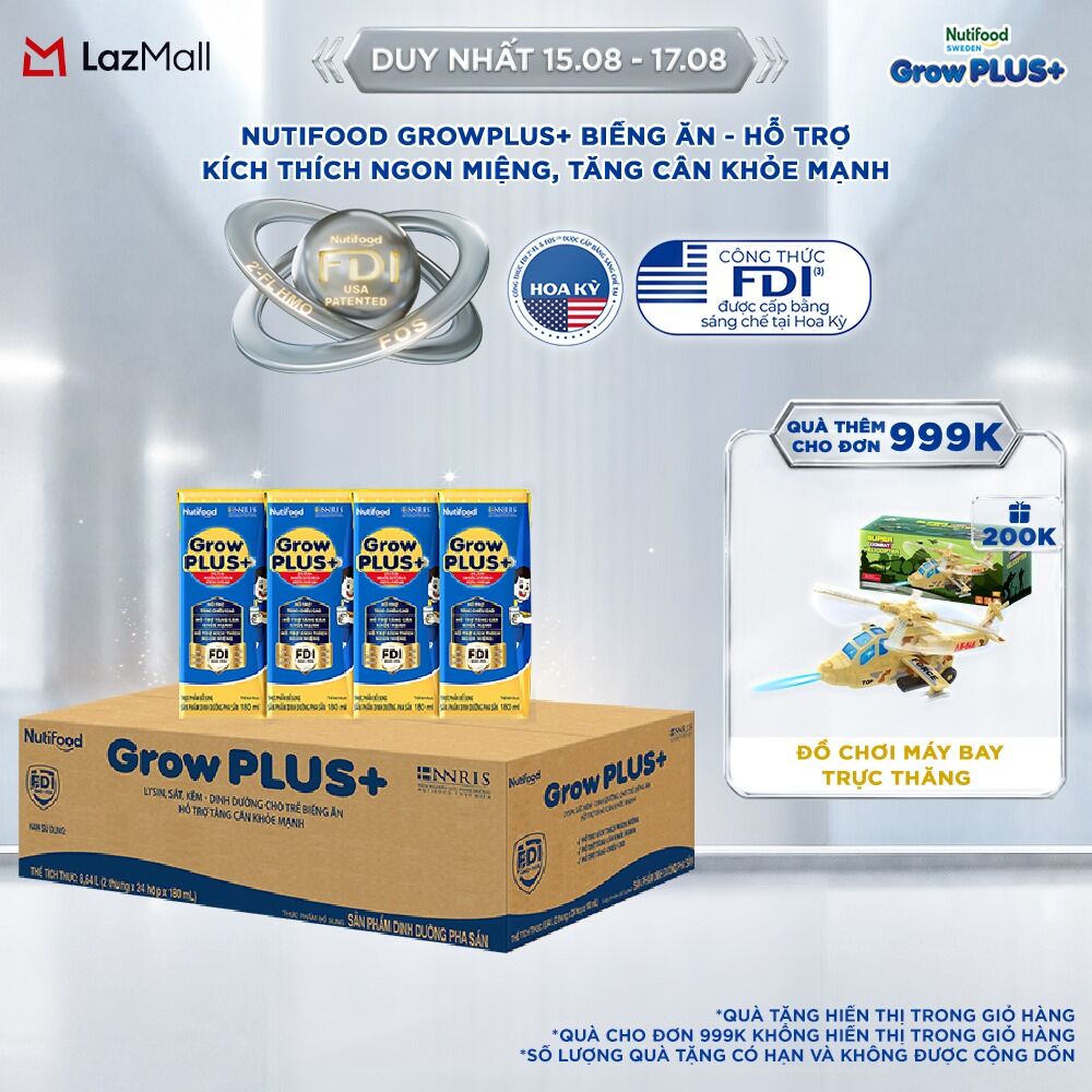 Thùng Sữa Bột Pha Sẵn Nutifood GrowPLUS+ Biếng Ăn 180ml - Hỗ Trợ Kích Thích Ngon Miệng Tăng Cân Khỏe Mạnh - Trên 2 Tuổi (48 Hộp x 180ml)