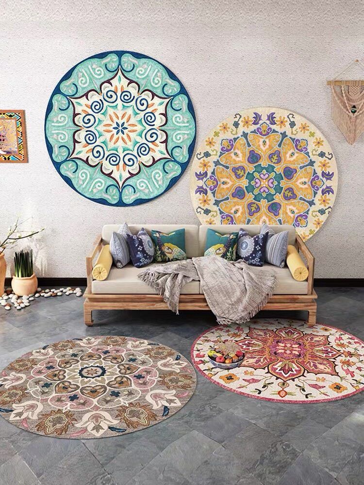 Thảm tròn thổ cẩm vintage treo tường trải sàn trang trí phòng khách phòng ngủ và nơi làm việc sang trọng Có video thật