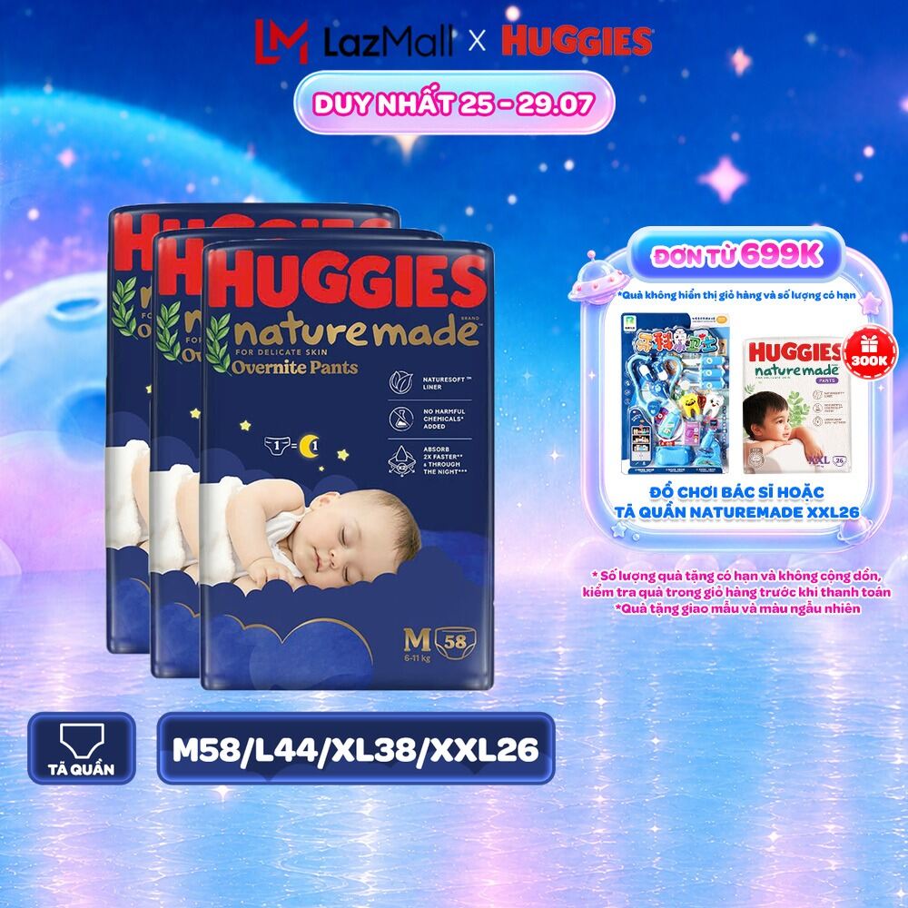 Combo 3 Tã quần Huggies Naturemade ban đêm M58/L44/XL38/XXL26