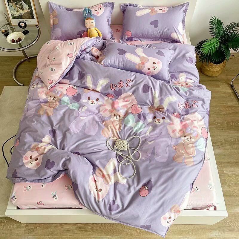 Bộ Chăn ga gối cotton poly - Mẫu thỏ tím.