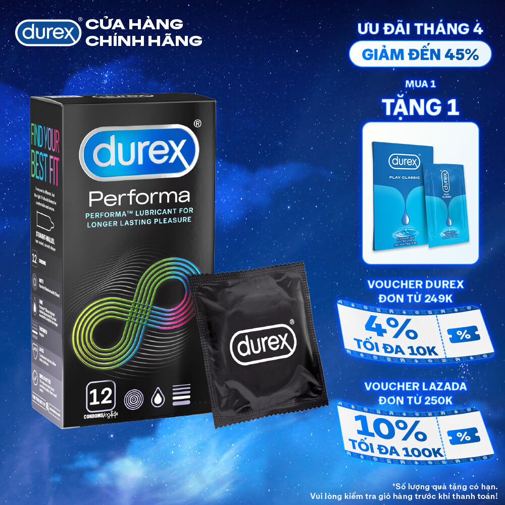 Bao cao su Durex Performa kéo dài thời gian, size 52mm, hộp 12 bao
