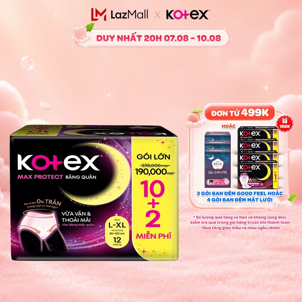 Combo 2/Combo 4/Combo 8/Băng Vệ Sinh Dạng Quần Kotex Ban Đêm Cỡ L/XL (10+2) Miếng/Gói