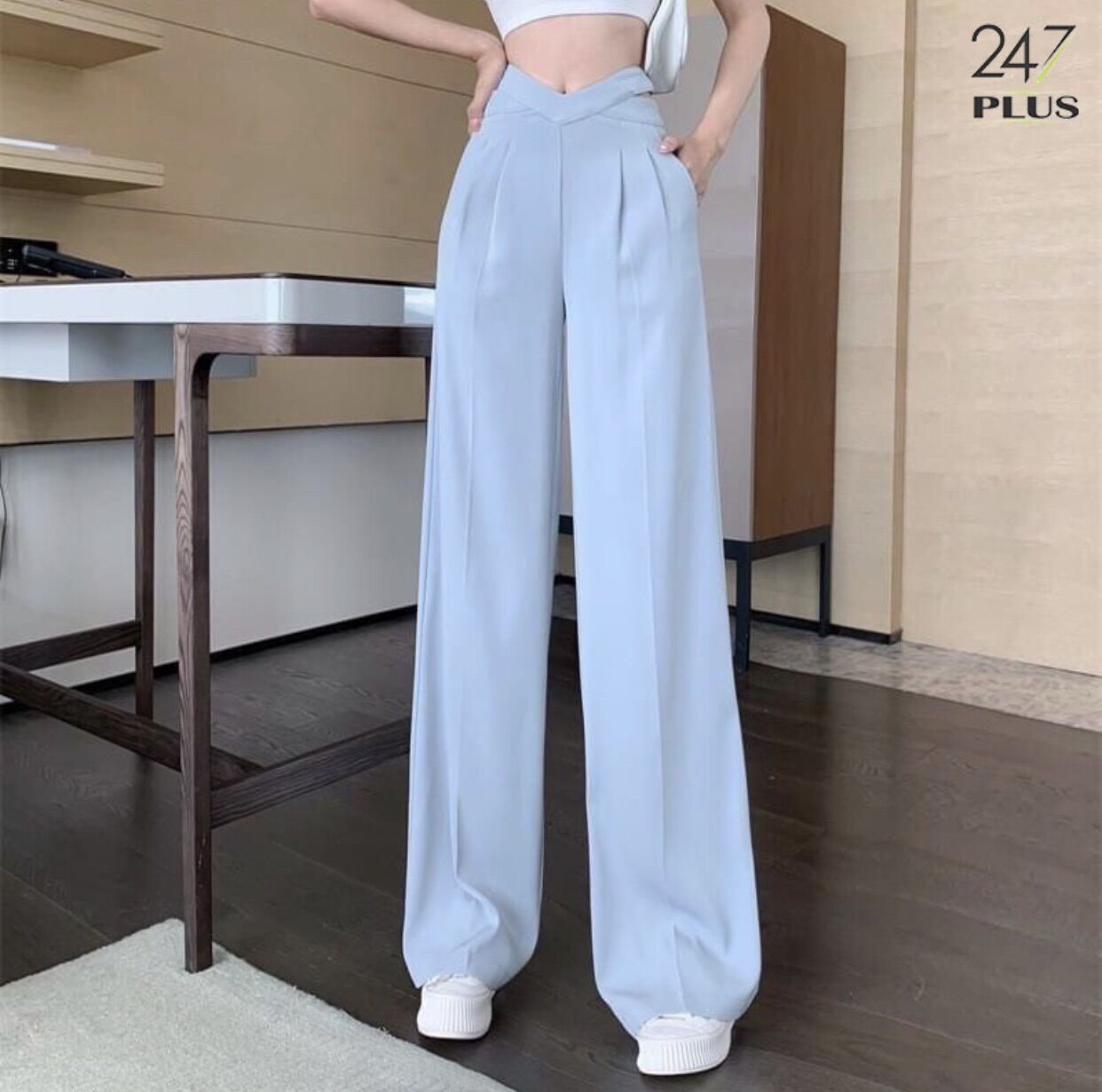 Quần vải ống suông rộng lưng cao khoét eo tôn dáng, Quần vải ống rộng khoét eo lưng cao