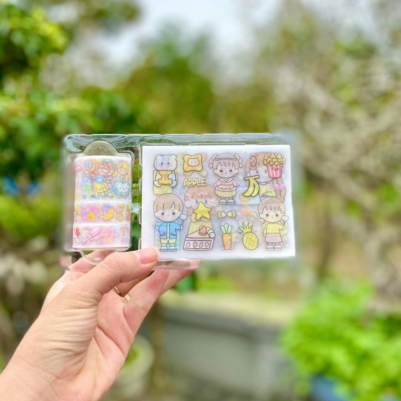 Hộp 10 tấm sticker+3 cuộn washi