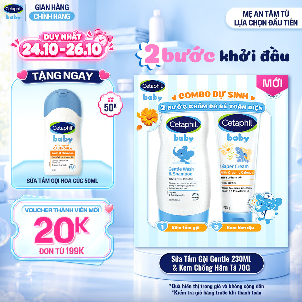 [COMBO DỰ SINH] Sữa tắm gội dịu lành cho bé CETAPHIL BABY GENTLE WS 230ML  Kem chống hăm tã dịu lành CETAPHIL BABY DIAPER CREAM CALENDULA 70G