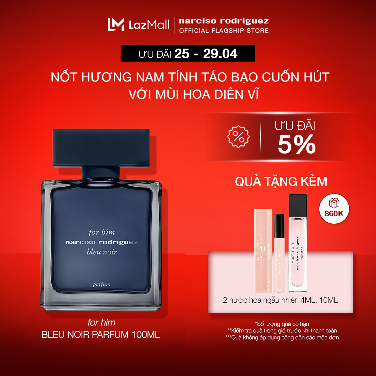 [25 - 29.04 I ƯU ĐÃI ĐẾN 20% + QUÀ TẶNG 860K]  Nước Hoa nam Narciso Rodriguez For Him Bleu Noir Parfum 100ml