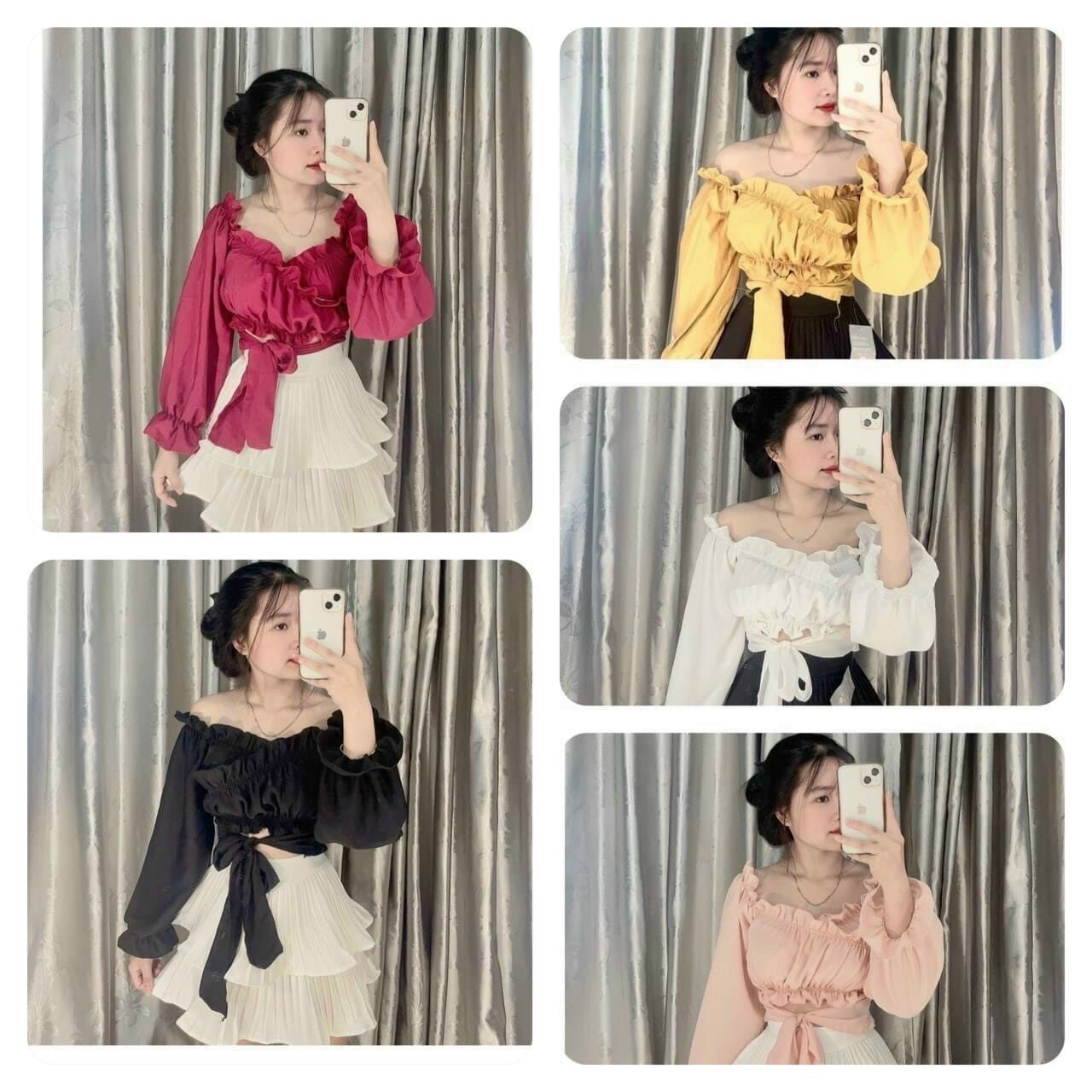 Áo kiểu đắp chéo tay dài thắt nơ bụng