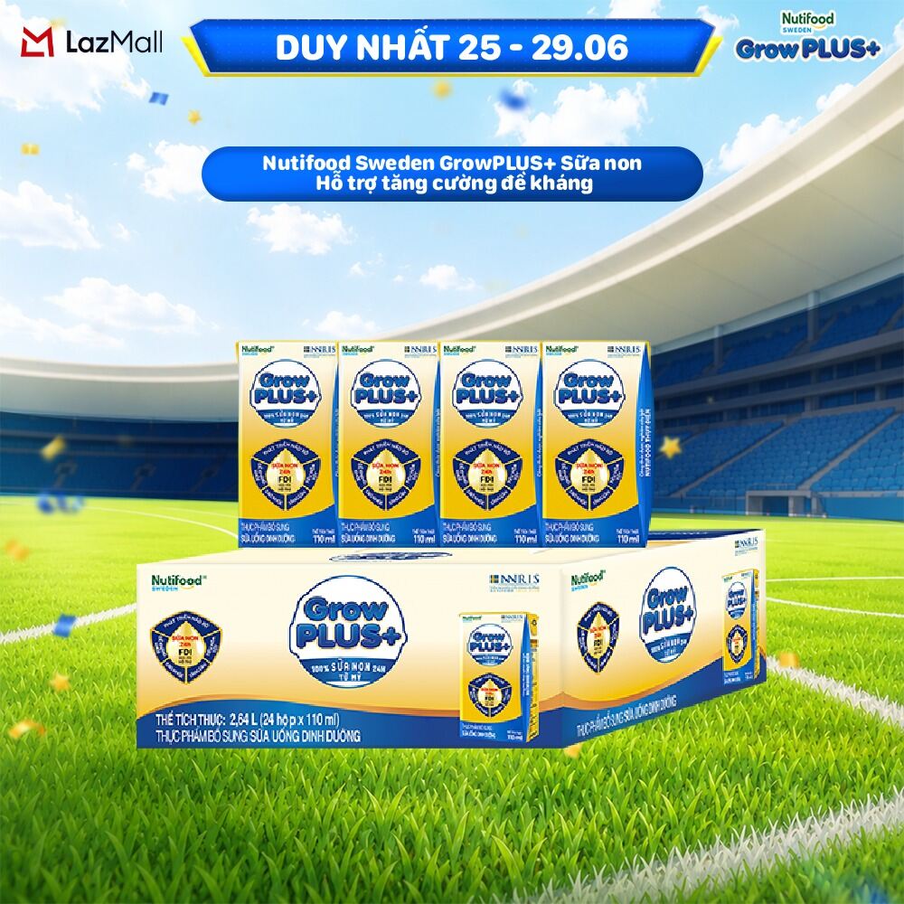 Thùng 24 hộp Sữa Bột Pha Sẵn Nutifood GrowPLUS+ Sữa Non (Vàng) - Hỗ Trợ Tăng Cường Đề Kháng 110ml
