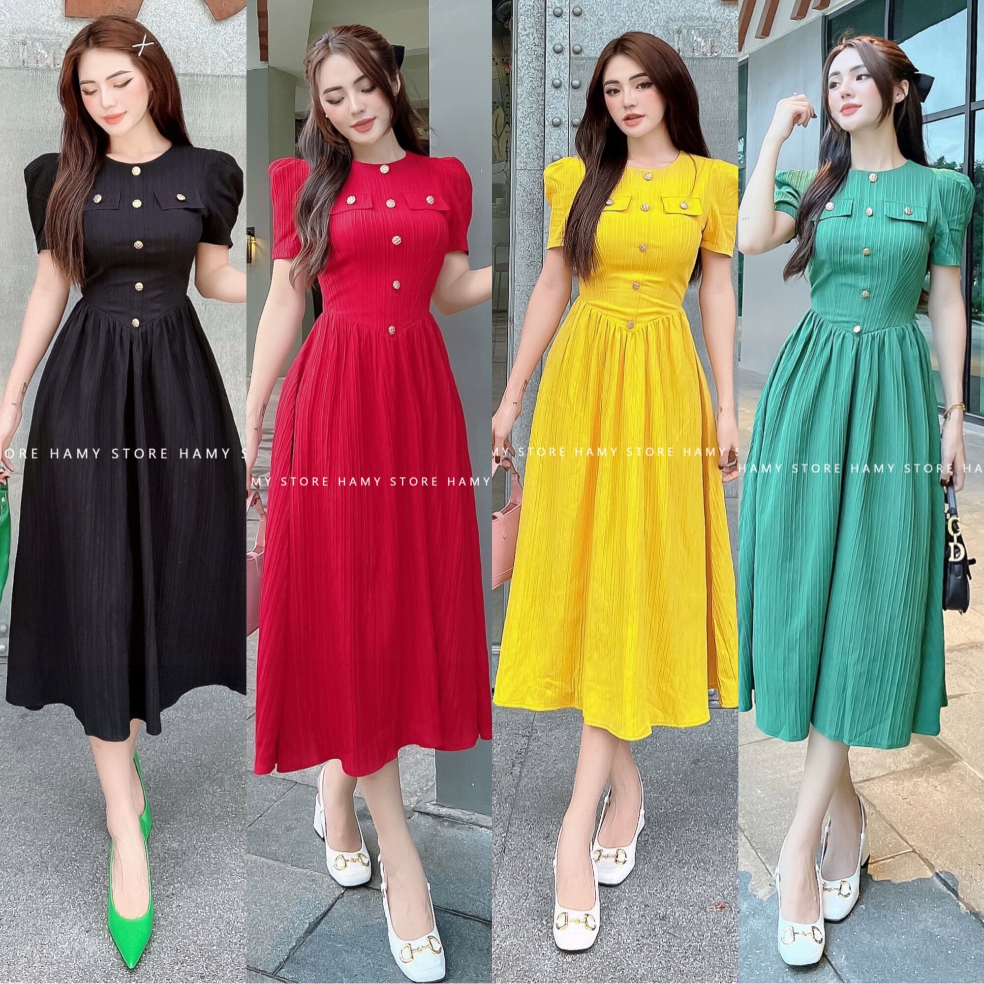 Đầm ngắn 2 túi gắn nút