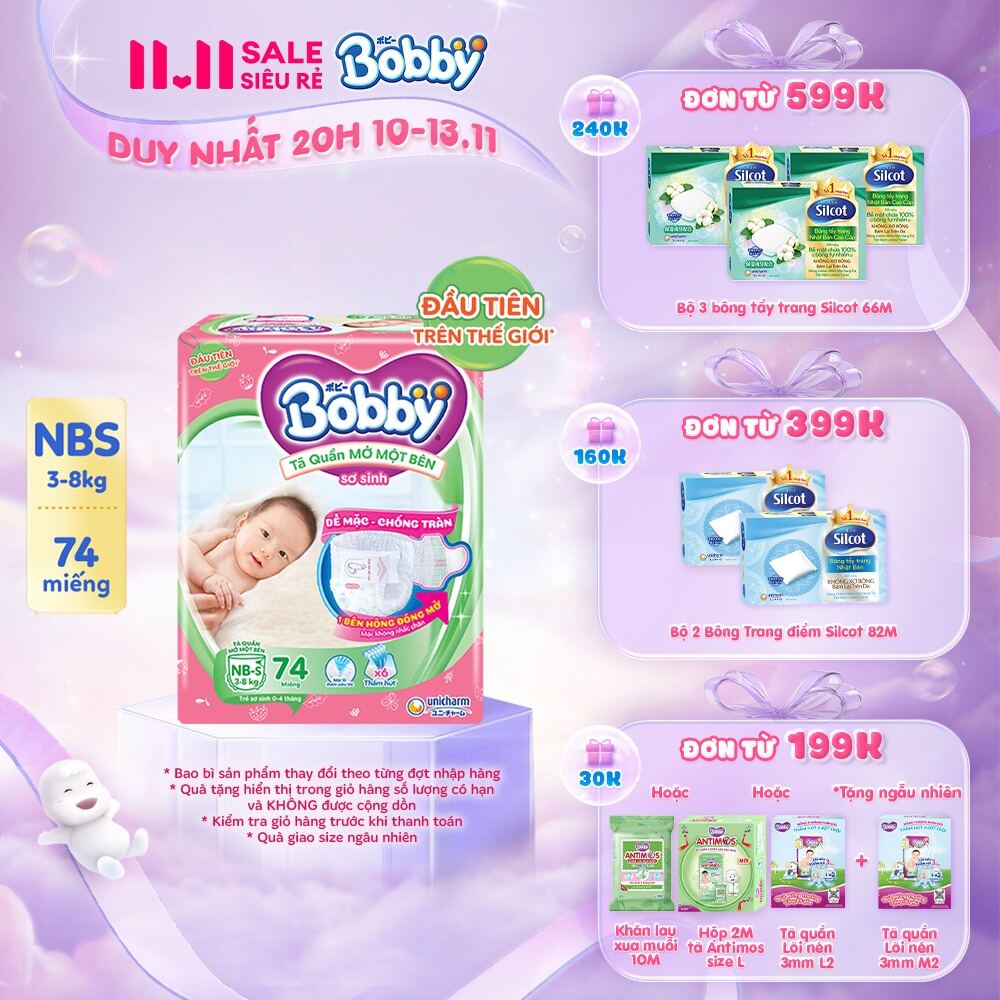 [MỚI] Tã/bỉm quần Mở Một Bên Bobby size NB-S 74 miếng